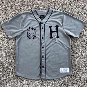 HUF x Spitfire Baseball Jersey Men Size M Gray Navy Trim Logos Huf Worldwide Y2K